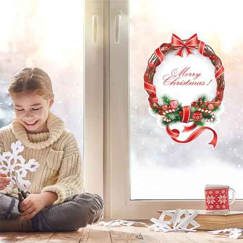 Merry Christmas Wreath Wall Sticker,Peel and Stick Removable Pine Branch Red Ribbon Christmas Wreath Decal for Door Wall Window Refrigerator Party Decoration
