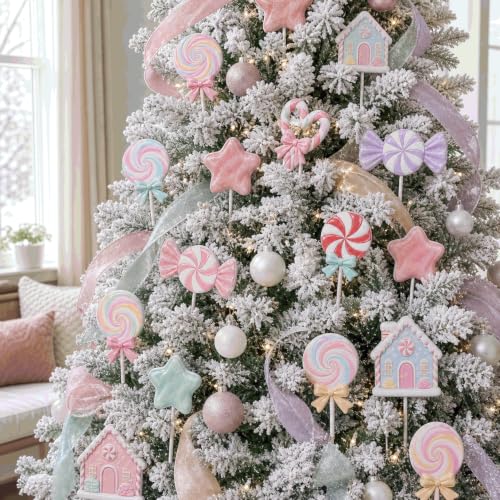 Fuutreo 24 Pcs Candy Christmas Tree Picks Pastel Lollipops Decor