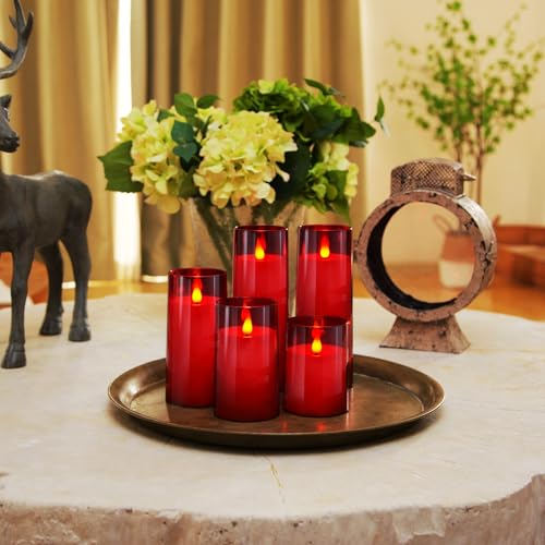 Homemory Red Flickering Flameless Candles, Battery LED Pillar Set of 5 with Remote & Timer (Red, 3in x 4in, 5/6/8/8in)