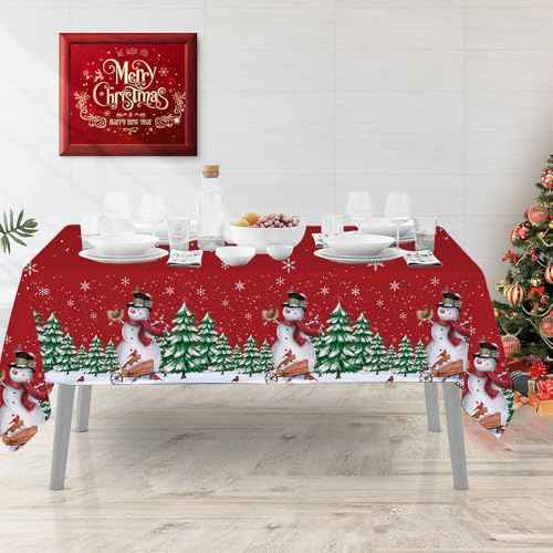 Quimoy Christmas Tablecloth 60¡¿84 Inch Rectangular, Washable Xmas Trees Snowflake Table Cover, Red Winter Xmas Snowman Table Cloth for Christmas Party Picnic Kitchen Dinner Decor