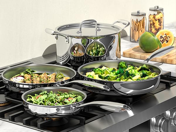 8 10 12 Inch Stainless Steel Frying Pan Set - Fully Clad, Induction Ready, Oven & Dishwasher Safe