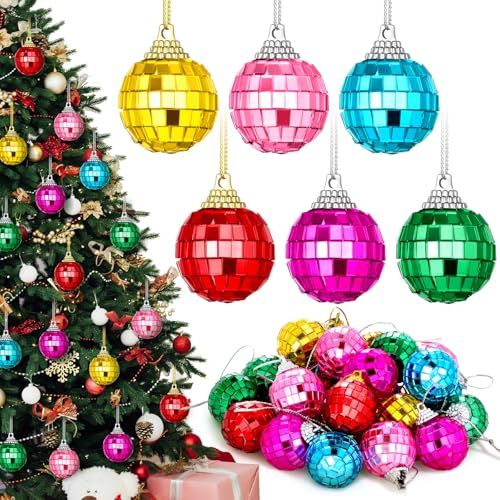 BBTO 24 Pieces Mini Christmas Disco Balls 70s Party Decor Christmas Tree Decoration Hanging Reflective Mirror Disco Ball Decoration for Birthday Party Decor(1.18 Inch,Multicolored)
