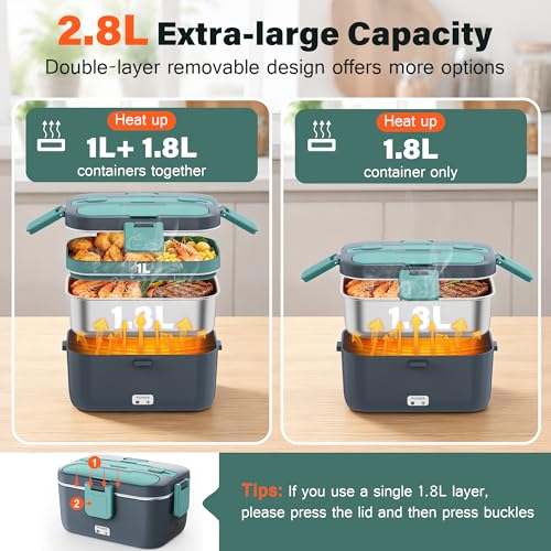 Electric Heated Lunch Box 2.8L Food Warmer Portable Stainless Steel & Plastic - Gray & Green