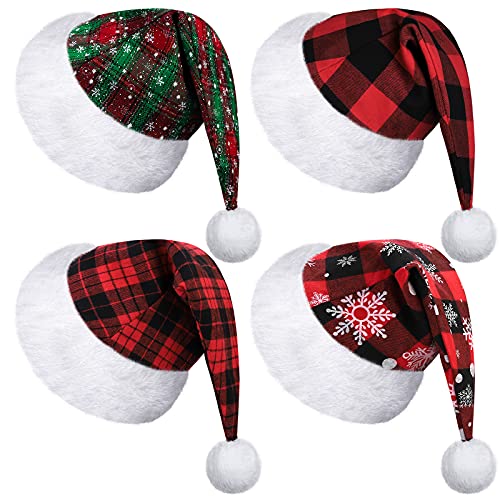 MCEAST 4 Pack Red Black Plaid Santa Hats - Christmas Party Favors, Winter Hats