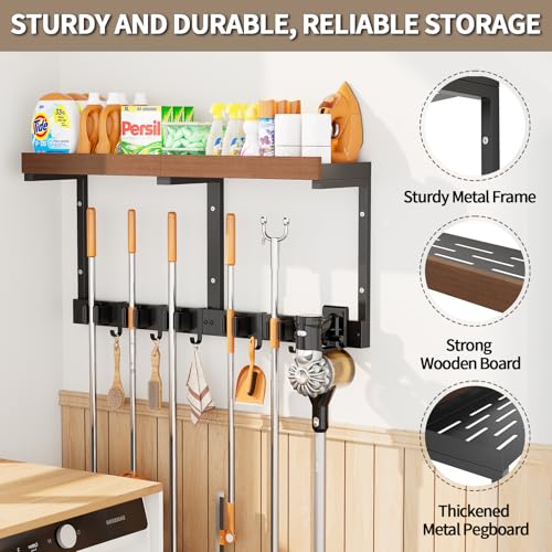 Wall-Mounted Broom and Mop Organizer with Shelf - Black