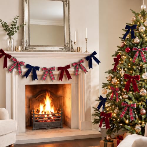 Christmas Garland with Velvet & Tartan Bows - 2 Pack, 6.5 ft Holiday Decor