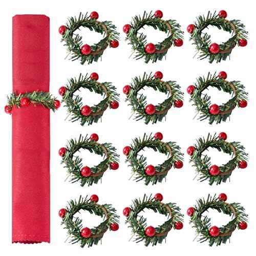 APTWOW Christmas Napkin Rings Set of 12 - Red Berry Wreath Napkin Holder, Holiday Christmas Napkin Rings for Table Decorations, Dinner Party, and Winter Weddings
