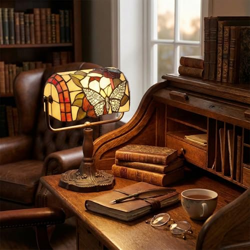 Multicolor Tiffany Style Bankers Desk Lamp with Stained Glass Butterfly Shade