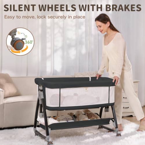 Baby Bassinet 3-in-1 Bedside Crib with Wheels & Mesh Mosquito Net - Black