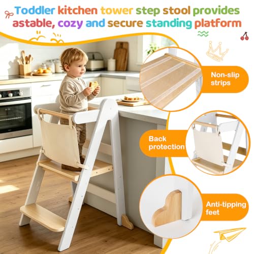 Foldable Wooden Toddler Learning Tower - Height Adjustable Kids Step Stool - White Variation