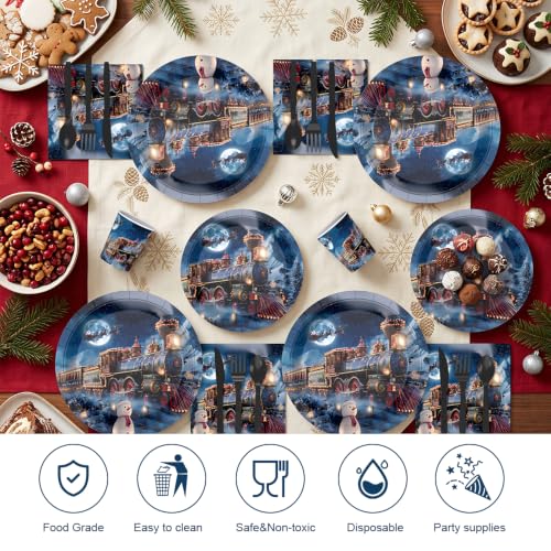 AIBIIN Navy Blue Train Christmas Paper Plates & Napkins Set for 24 Guests