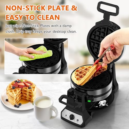 Silver Double Belgian Waffle Maker 1400W Flip Rotating Nonstick Plates