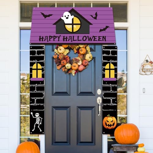 71 Inch 3 Pcs Halloween Door Decorations for Classroom Gingerbread Party Porch Banner Merry Halloween Gift Wrap Door Banner Xmas Cover for Classroom Home(Ghost Style)