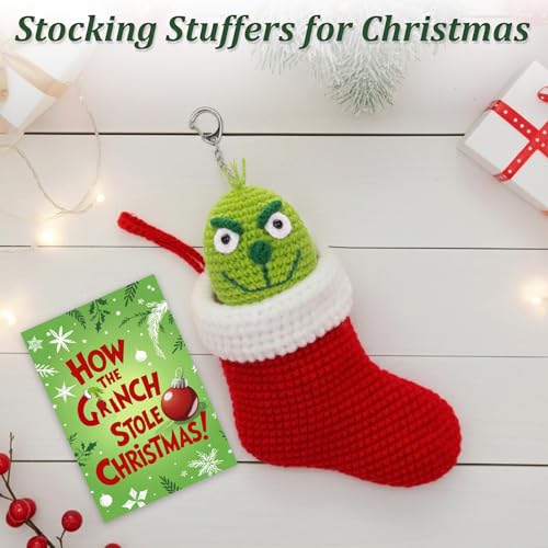 FunisFun Christmas Crochet Green Plush Ball with Keychain - Funny Handcrafted Holiday Ornament for Xmas Trees, Stocking Stuffers & Themed Party Decor