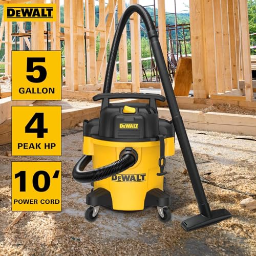 Wet Dry Vacuum Cleaner - 5 Gallon, 4 Peak HP, Yellow, with Attachments & 1-7/8" Hose - Portable Shop Vac