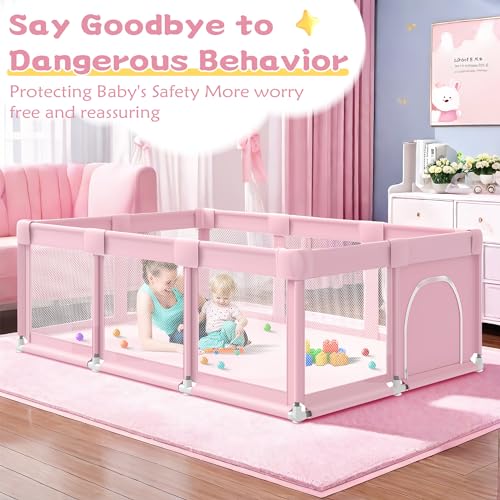 Pink Baby Playpen 74x50x27 Inch Large Indoor & Outdoor Toddler Play Yard with Soft Mesh