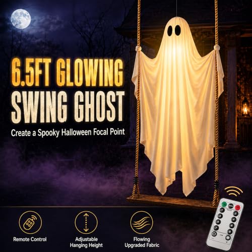 EMPJJLZ 6.5FT Hanging Swing Ghost Halloween Outdoor Decor with Remote Light Up & Motion