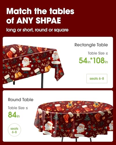 Pureegg Disposable Plastic Table Cloth 8 Pack 54 x 108 Inches Christmas Red Rectangle