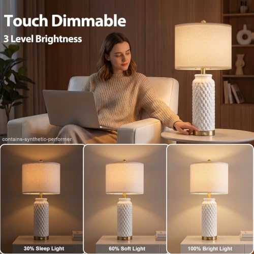 USumkky 25'' Touch Table Lamp - White Ceramic Nightstand Lamp with 3-Way Dimmable, Includes 2 LED Bulbs, Modern Farmhouse Style