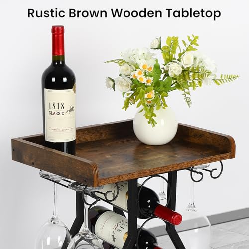 Freestanding Wine Rack for 19 Bottles with Glass Holder and Wooden Tabletop