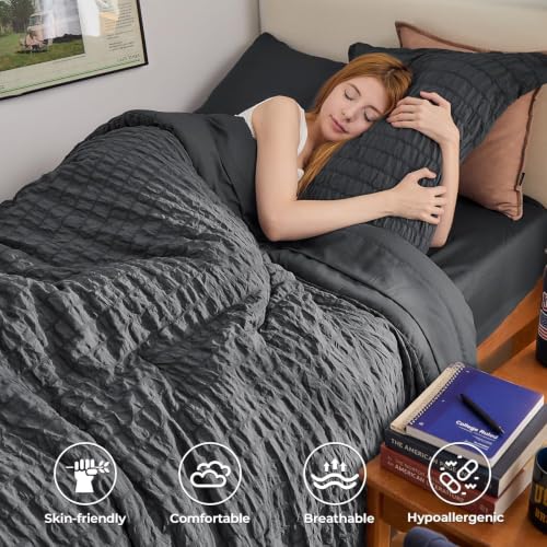 Twin XL Comforter Set 5PCS Seersucker Bedding in a Bag - Dark Grey, HYMOKEGE