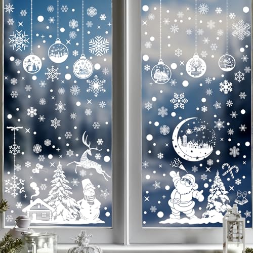 Snowflakes Christmas Window Clings 260PCS White Xmas Window Sticker Santa Claus Reindeer Xmas Decals for Holiday Decorations Party Supplies Glass Window