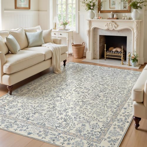 jinchan Blue/Cream 6x9 Washable Vintage Floral Area Rug for Living Room