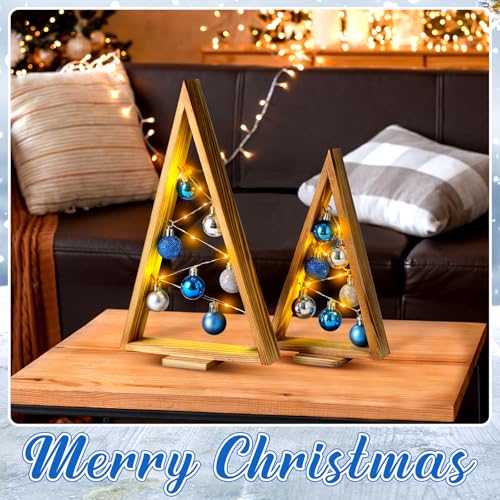 Hungdao 2 Pack Blue Wooden Christmas Tree with LED Lights & Silver Balls - Tabletop Holiday Decor
