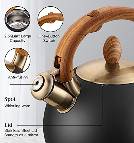 Black 2.64 Quart Stovetop Whistling Tea Kettle - Food-Grade Stainless Steel