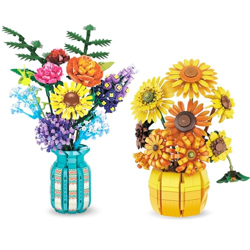 BrickTribe Dual Flower Bouquet Building Set with Vase - Sunflowers & Roses, Creative Home Decor Gift for Women & Adults