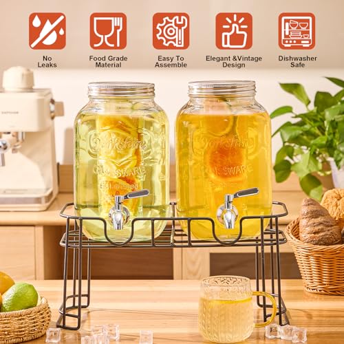 2 Gallon Glass Drink Dispenser Set with Stand & Fruit Infuser - Leakproof Spigot