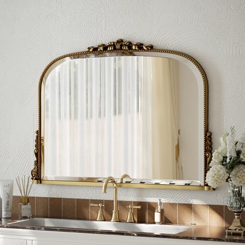 Vintage Gold Beaded Wall Mirror 27 x 36 Inch Arched Top Frame - Horizontal & Vertical Hanging