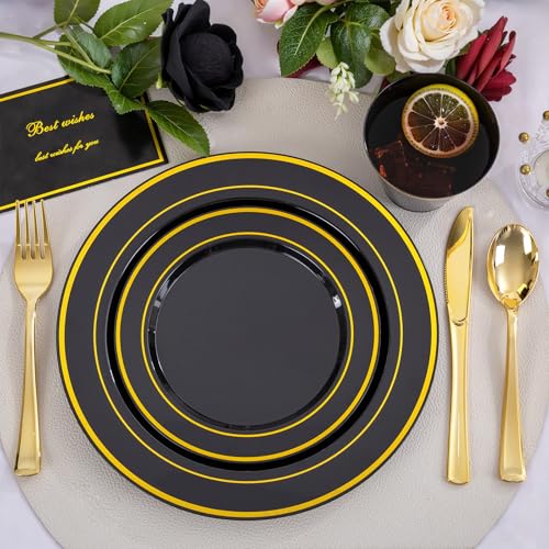 Disposable Dinnerware Set for 100 Guests Black and Gold 600 Pcs - Elegant Party Plates & Cutlery