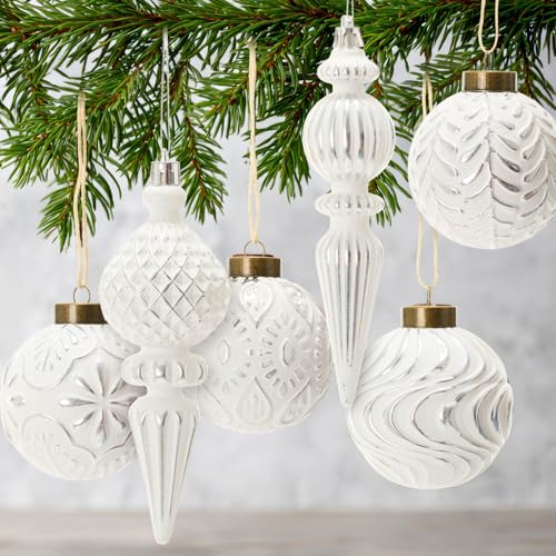 HyDren Silver Vintage Finial Christmas Ornaments, 16 Pcs Shatterproof Ball Set (12 Round 3.15in + 4 Pendant 6.3in)