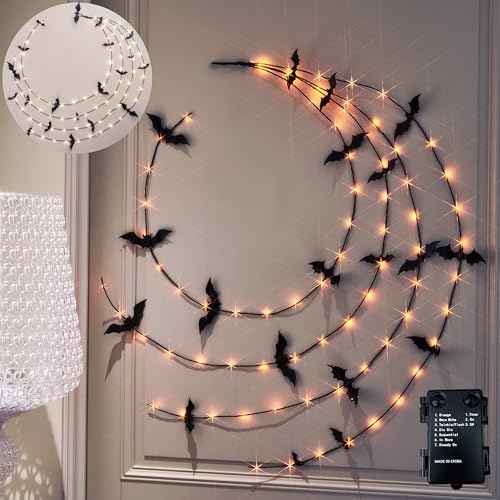 LITBLOOM Halloween Garland with Lights 6FT 80 Orange and Warm White Fairy Lights, Lighted Black Garland Battery Operated with Timer Lit Bats for Wall Porch Decoration