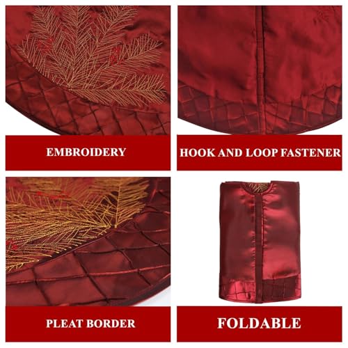 ONGLYP Red 50 Inch Embroidered Pine Branches Christmas Tree Skirt - Deluxe Holiday Decor