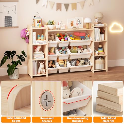GITAWUSA White Toy Storage Organizer with 6 Shelves, 9 Bins & 6 Hooks - 57"W Kids Bookcase & Playroom Storage