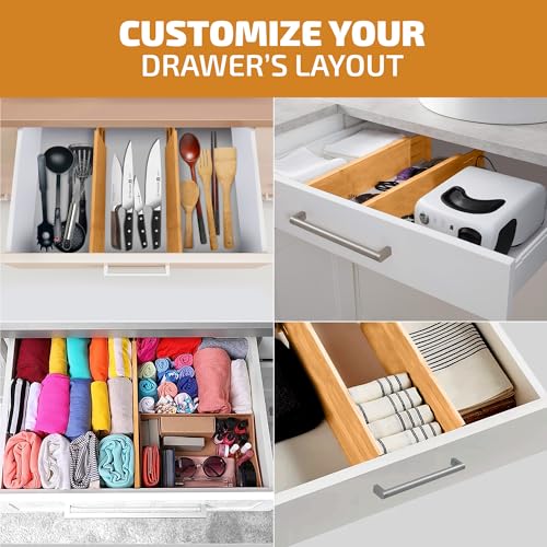 Bambüsi Bamboo Drawer Dividers - 6 Inch High, Expandable 11.5-17 Inch Wide Organizer Set