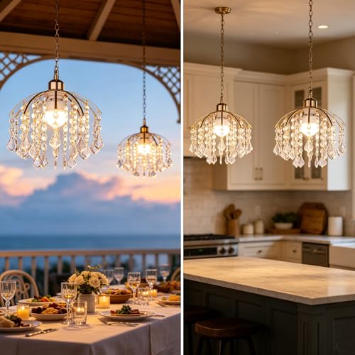 Wireless Crystal Pendant Light with Remote, 12 Colors, Rechargeable Battery, Dimmable 11in Ceiling Chandelier for Indoor & Covered Outdoor