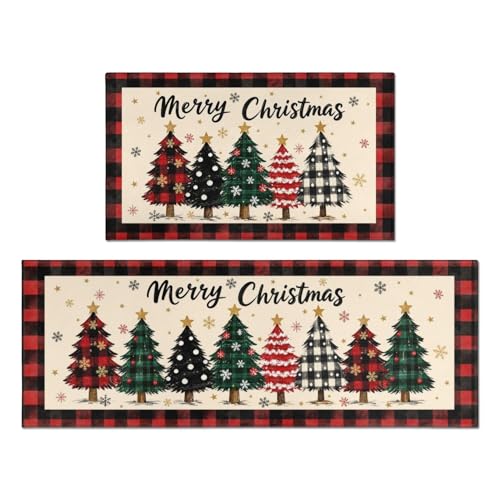Ghroiep 2-Piece Christmas Kitchen Rugs Set Beige-Red 17x47 + 17x30 Non-Slip Microfiber
