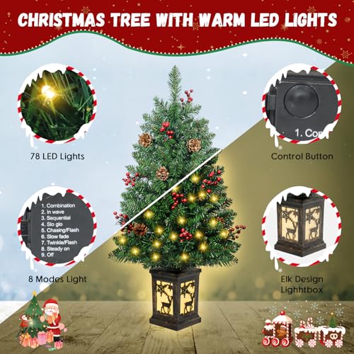 2-Pack 3ft Pre-lit Christmas Tree with 78 LED Lights, Red Berry & Pine Cone, Indoor Outdoor