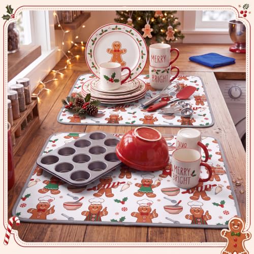 Gingerbread Chef Dish Drying Mats (2 Pack) — Christmas Kitchen Decor, 15x20 in