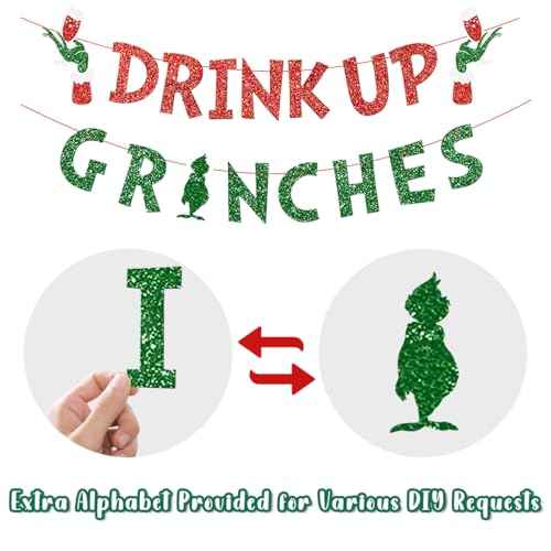 Christmas Decorations Drink Up Party Banners Indoor, Glittery Christmas Decor Banner, Red Green Banner for Home Fireplace Decor