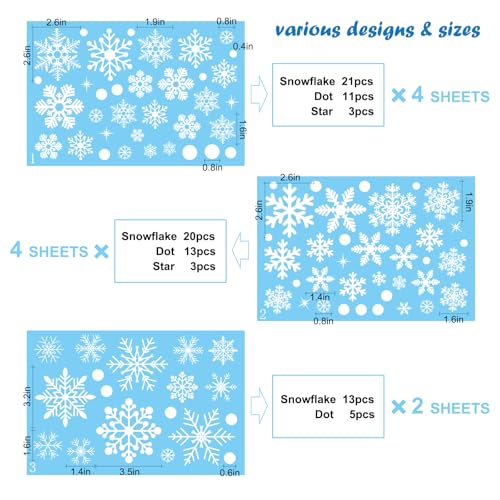 320 Pcs 10 Sheets Christmas Window Clings, Christmas Window Stickers, White Snowflake Window Decals, Double-Sided Reusable Winter Window Decoration Stickers for Holiday, Party Supplies