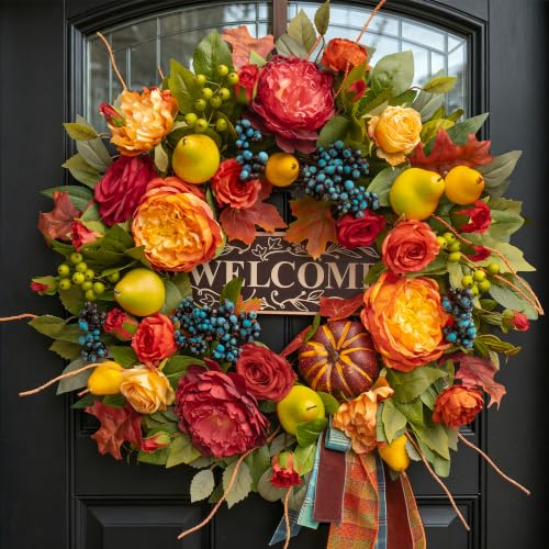 Autumn Wreath for Front Door 24 Inch Harvest Fall Decor - Orange, Red, Gold - Rustic Welcome Sign