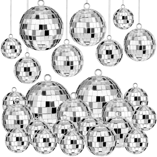 JOERSH 20 Pcs Disco Ball Decorations, Silver Hanging Mirror Disco Ball Ornaments with Rope for 70s Disco Theme Party Wedding Dance Music Prom Props, 4 Sizes