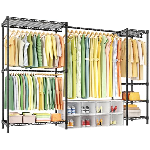 Heavy Duty Clothes Rack with Stretchable Hanger Rod - Black, Adjustable Freestanding Garment Storage System