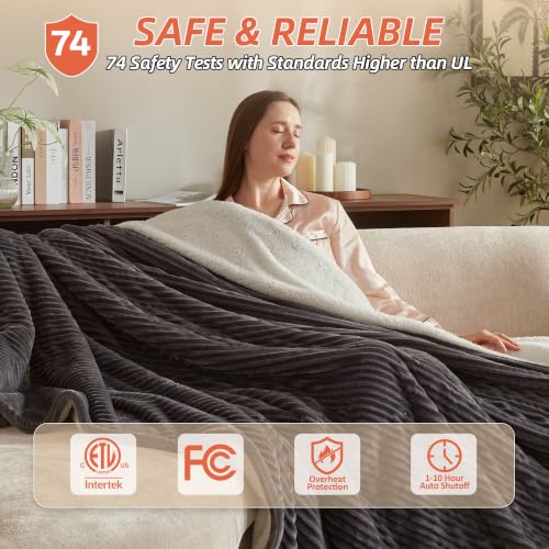 BEARKISS Grey 50x60 Electric Heated Throw Blanket Flannel & Sherpa
