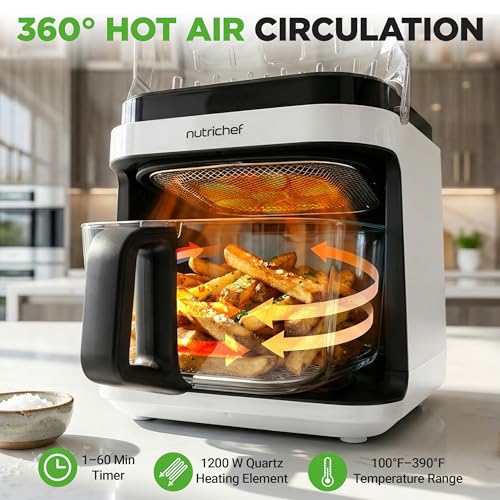 NutriChef White 5.8 Quart Glass Air Fryer with 8-In-1 Digital Presets, Compact Stainless Steel Design