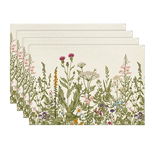 Artoid Mode Antique Herbs and Wild Flowers Summer Placemats Set of 4, 12x18 Inch Seasonal Wildflower Spring Table Mats for Party Kitchen Dining Decoration